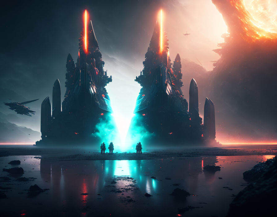 Futuristic sci-fi scene with blue-lit towers and ominous structures