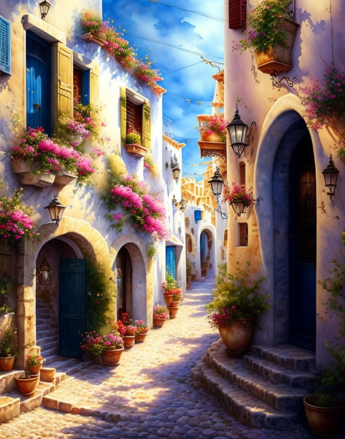 Colorful Flower-Adorned Cobblestone Alley in Mediterranean Setting