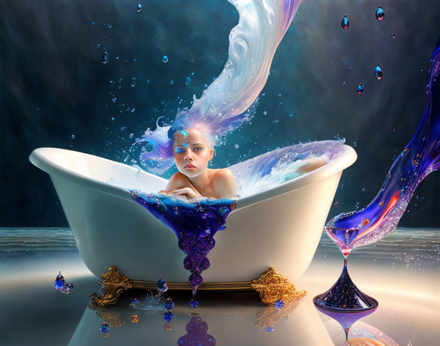 Surreal artwork: Person in bathtub with colorful water wave