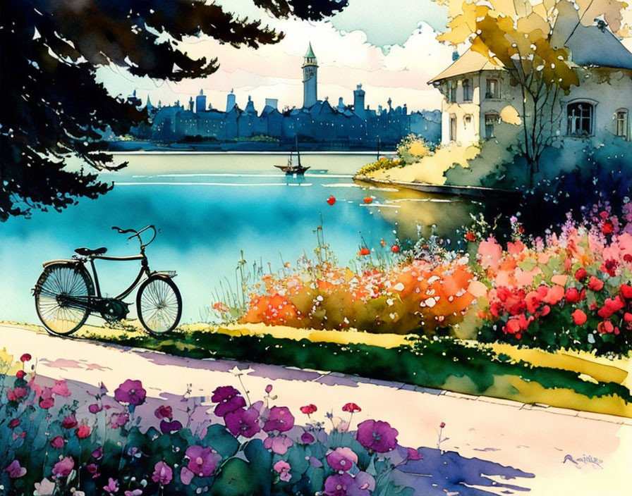 Serene lakeside watercolor with flowers, bicycle, boat, and buildings