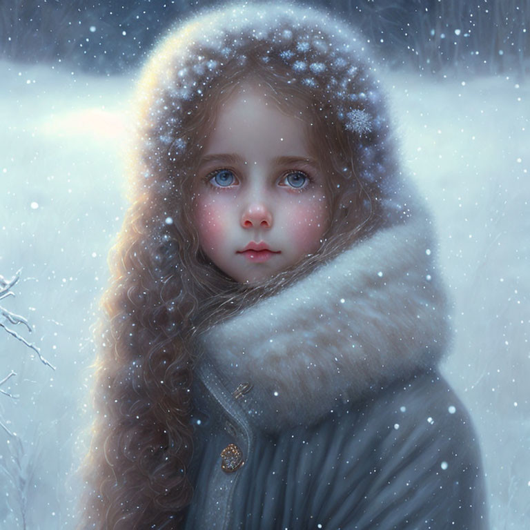 Young girl with blue eyes and curly hair in hoodie gazes in snowfall