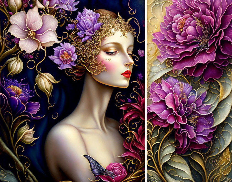 Detailed illustration of woman with gold filigree, surrounded by purple flowers and bird.