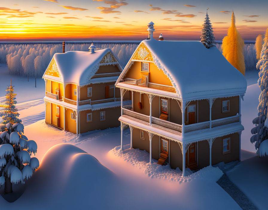 Snow-covered houses at sunrise in wintry forest landscape