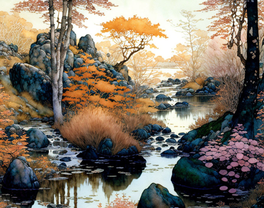 Vivid Autumn Landscape: Colorful Trees, Tranquil Stream, Stones & Leaves