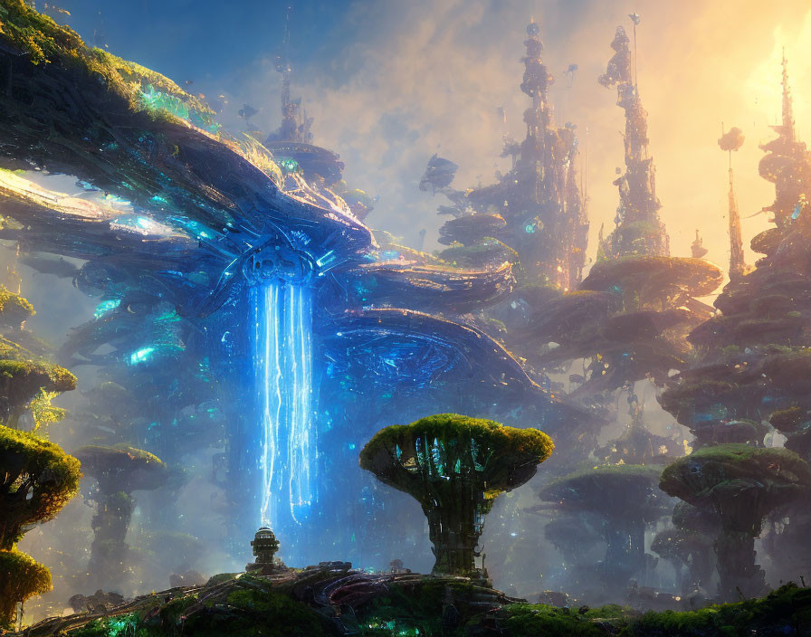 Enchanted forest with giant mushrooms, glowing blue tree, and towering luminescent flora