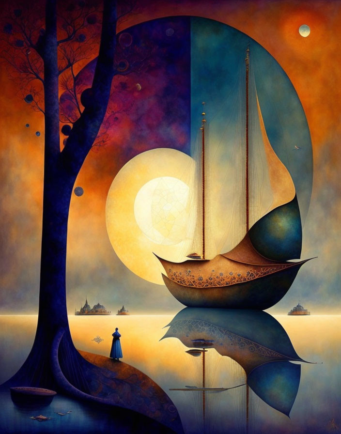 Surreal artwork: ship with large sails, giant moon, lone figure, tree, mirror-like