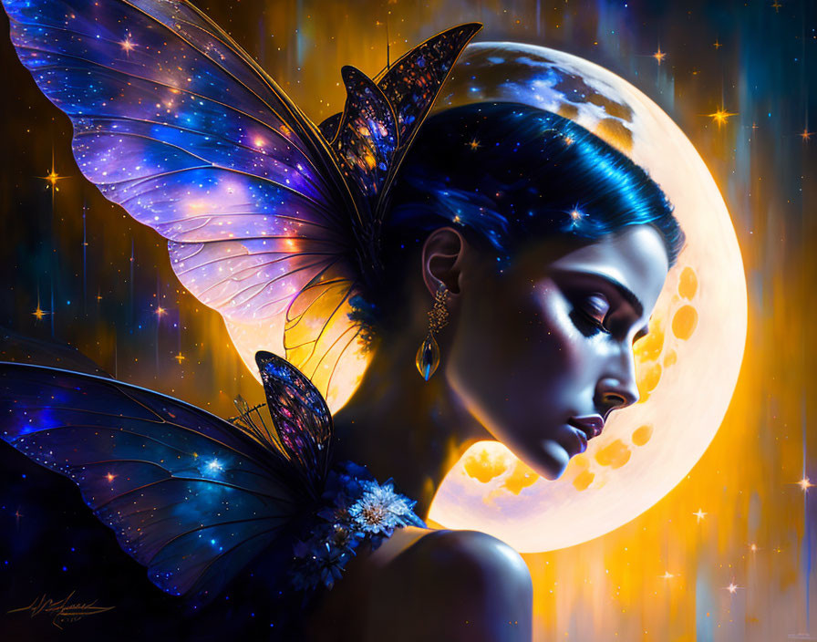 Mystical fairy with iridescent wings under full moon