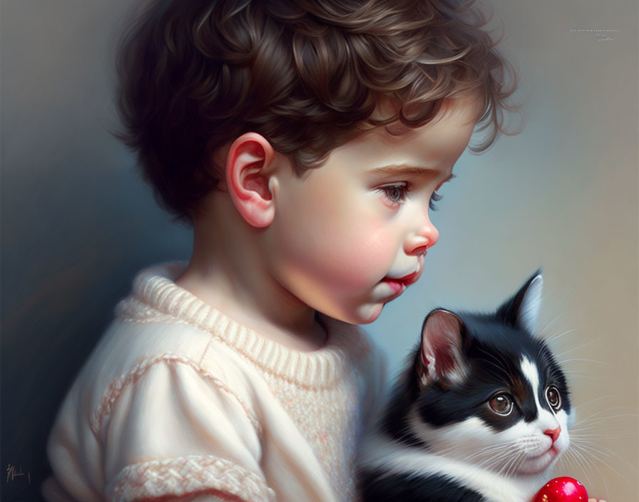 Curly-haired child in cream sweater holds red apple with kitten.