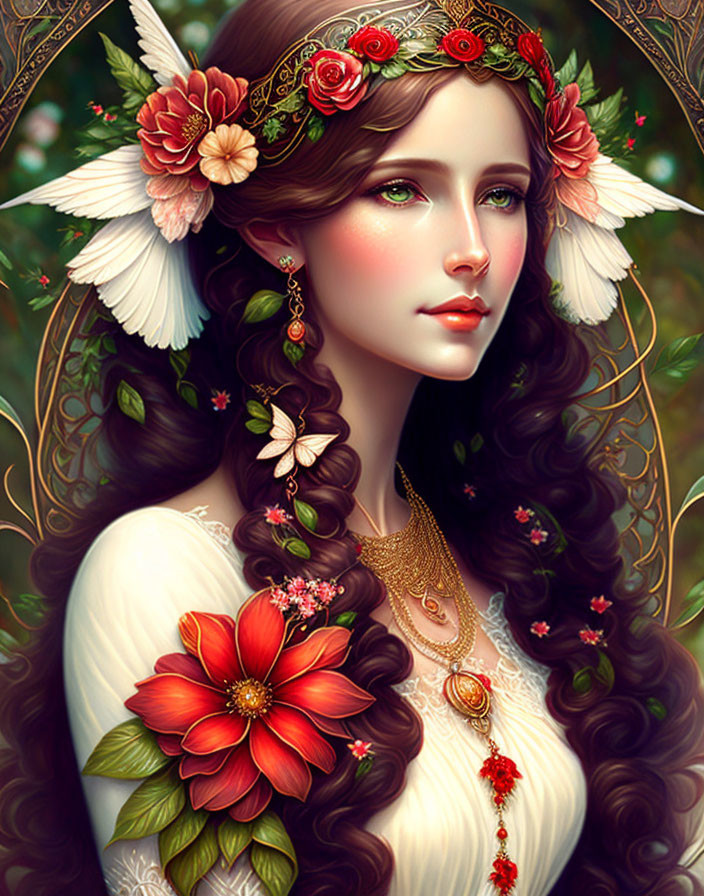 Illustration of woman with flowing hair, flowers, feathers, headpiece, and necklace