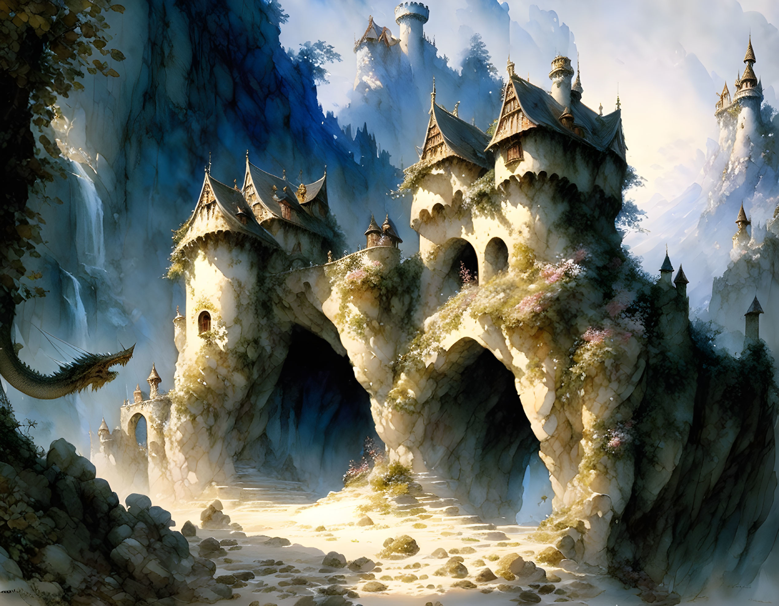 Fantasy artwork: Majestic castle, towers, arches, cliffs, waterfalls, dragon hint