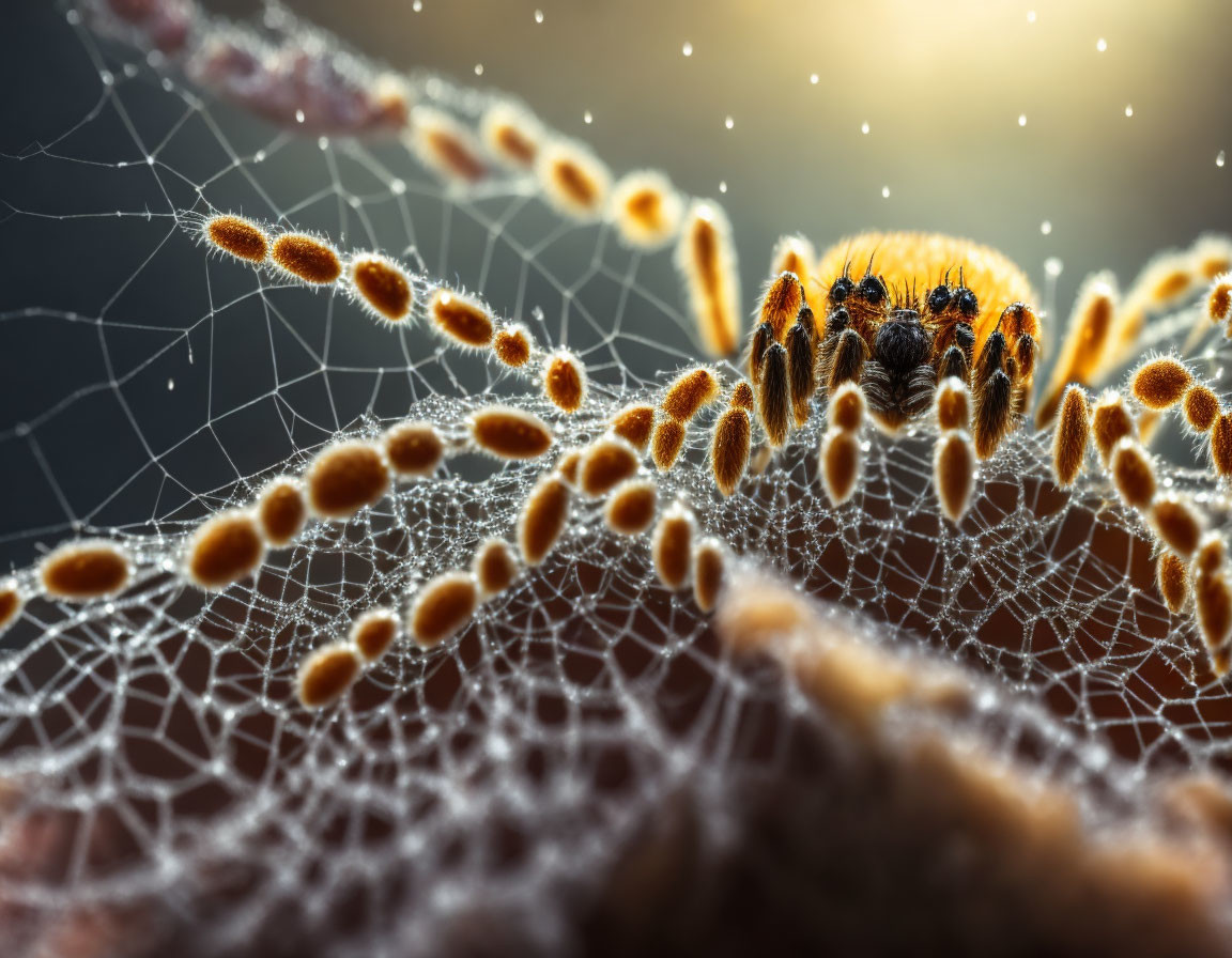 Detailed image: Spider on dew-covered web in sunlight