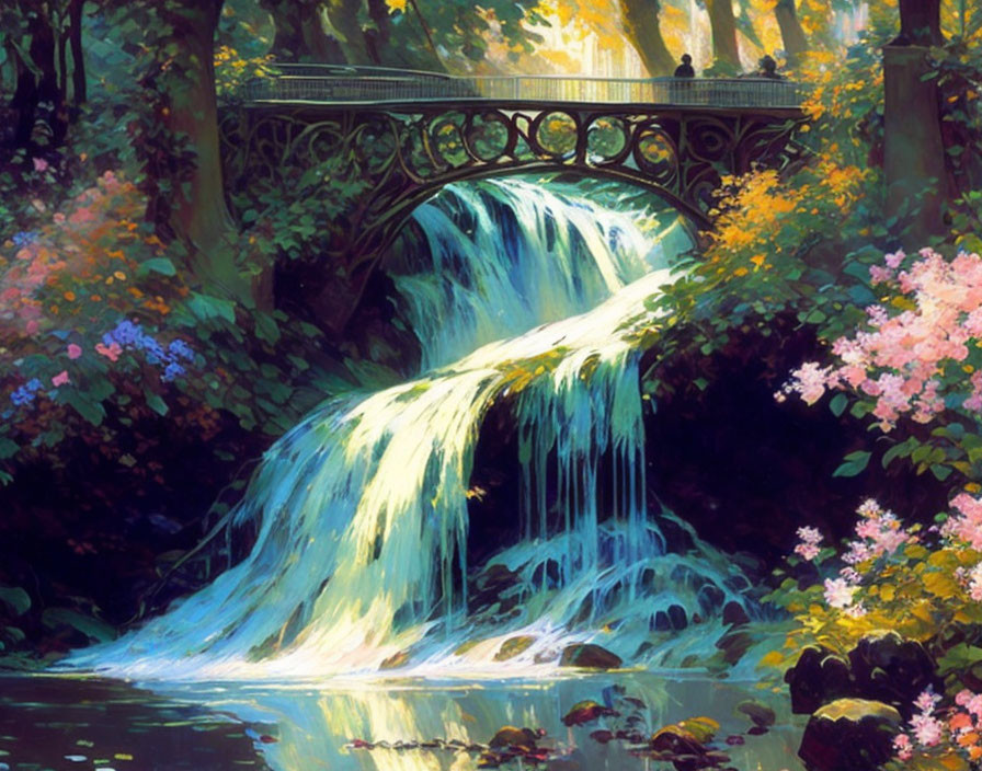 Tranquil waterfall scene with ornate bridge and lush greenery