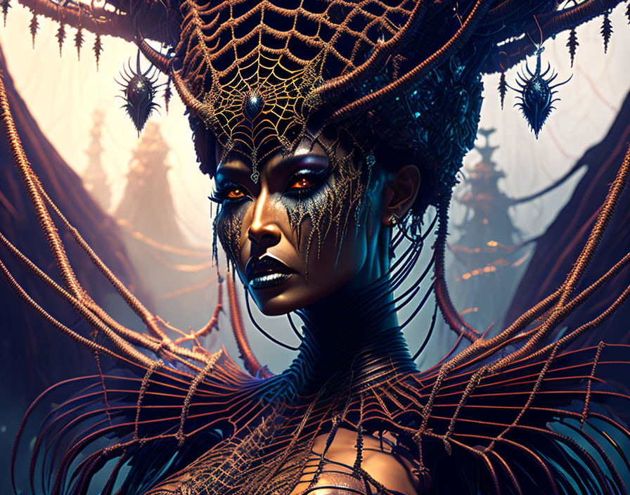 Mystical female figure with dark headgear and spiderweb motifs in enigmatic forest.