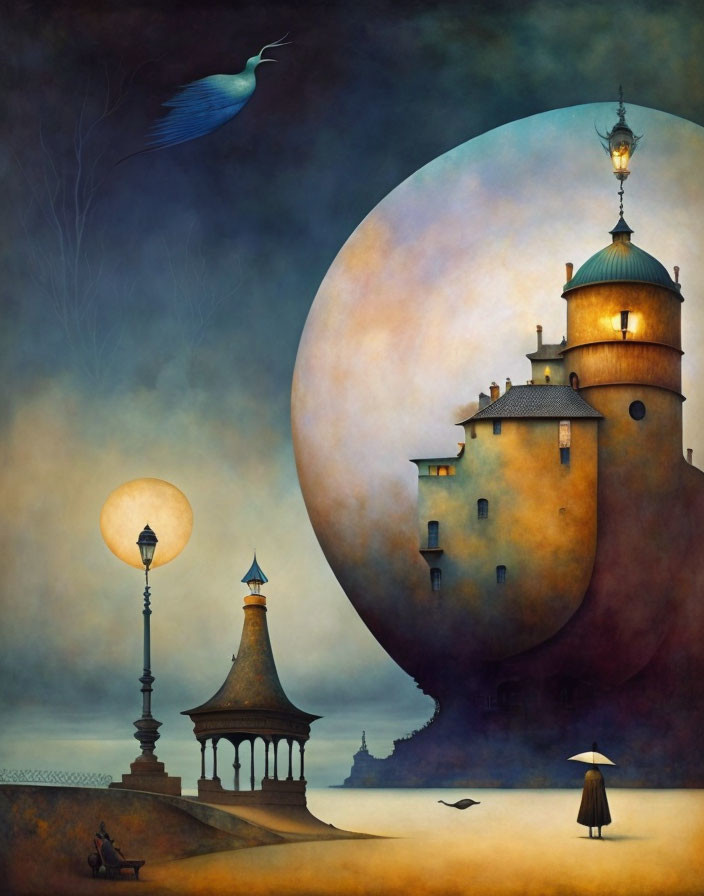 Surreal illustration of person near castle with moons and bird