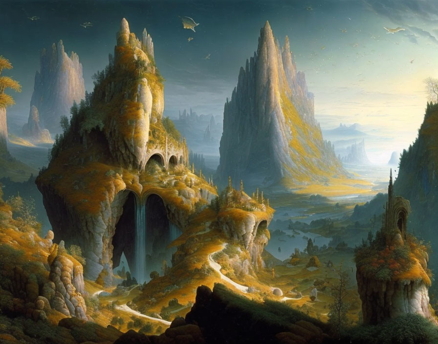 Mystical landscape with towering rock formations and winding river