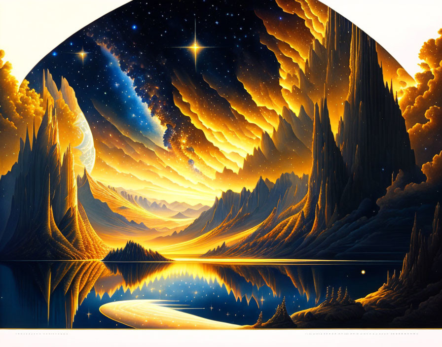 Fantastical landscape with towering cliffs, tranquil river, and starry twilight sky