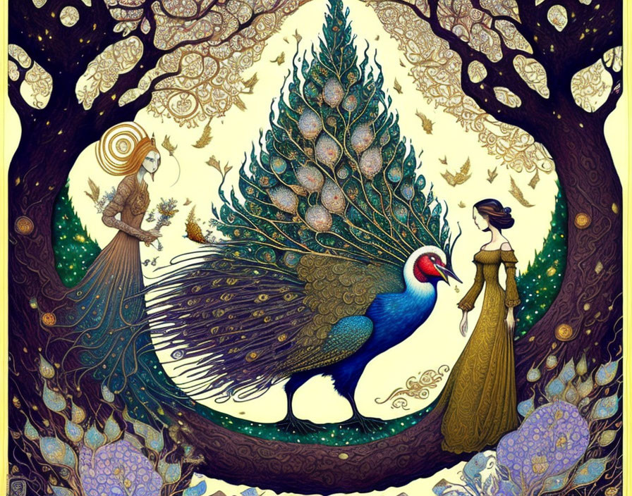 Detailed illustration of majestic peacock, elegant women, and ornate forest setting.