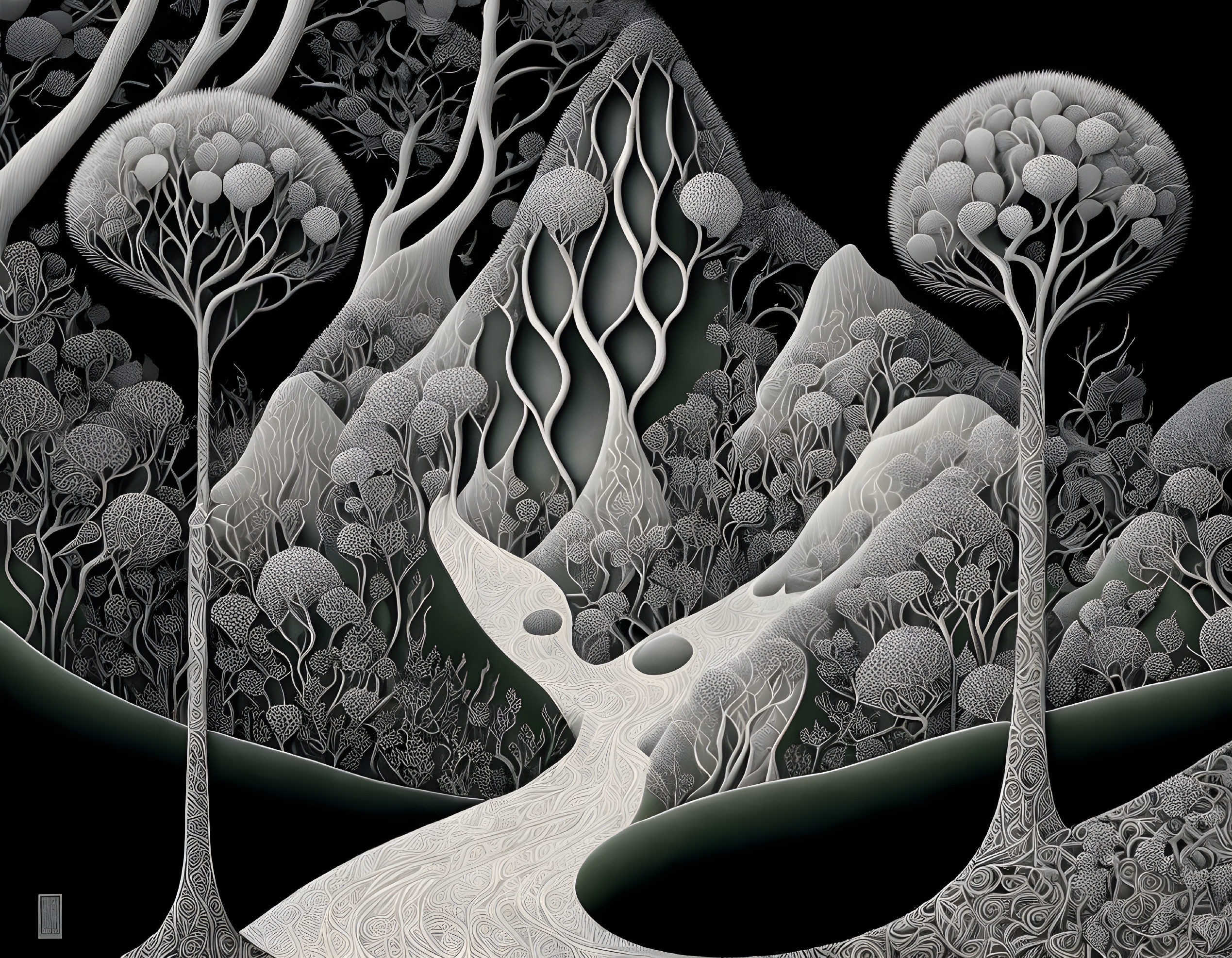 Monochrome artwork of stylized forest with intricate tree patterns