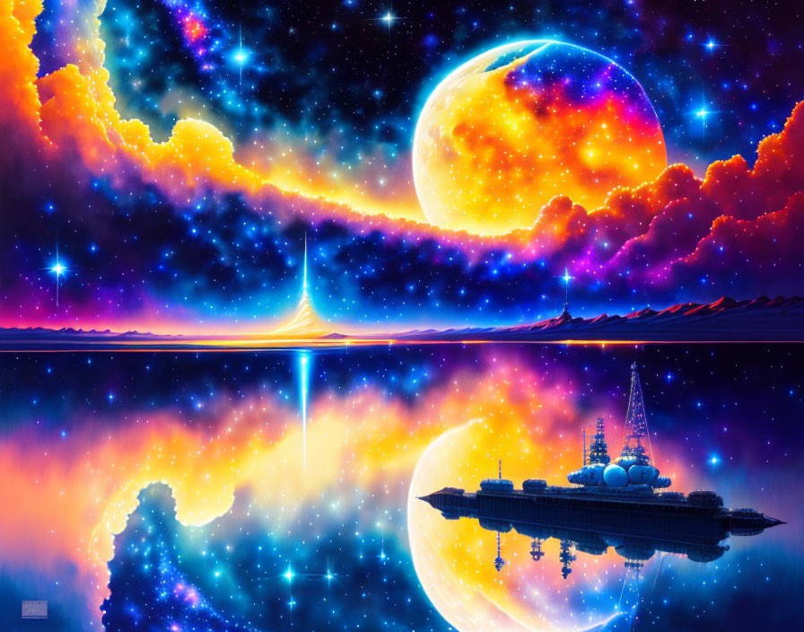 Colorful digital art: Large planet, nebulae, stars, futuristic city