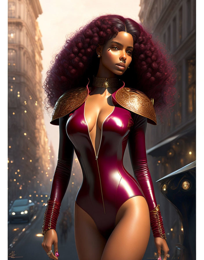 Illustration of woman with curly hair in futuristic maroon bodysuit posed on urban street