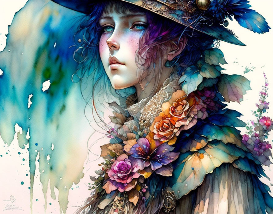 Illustration of woman with blue hair, floral hat, feathered details, and ruffled collar.