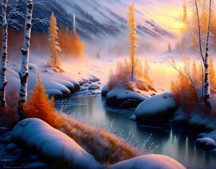 Misty winter river at sunset in snow-covered landscape