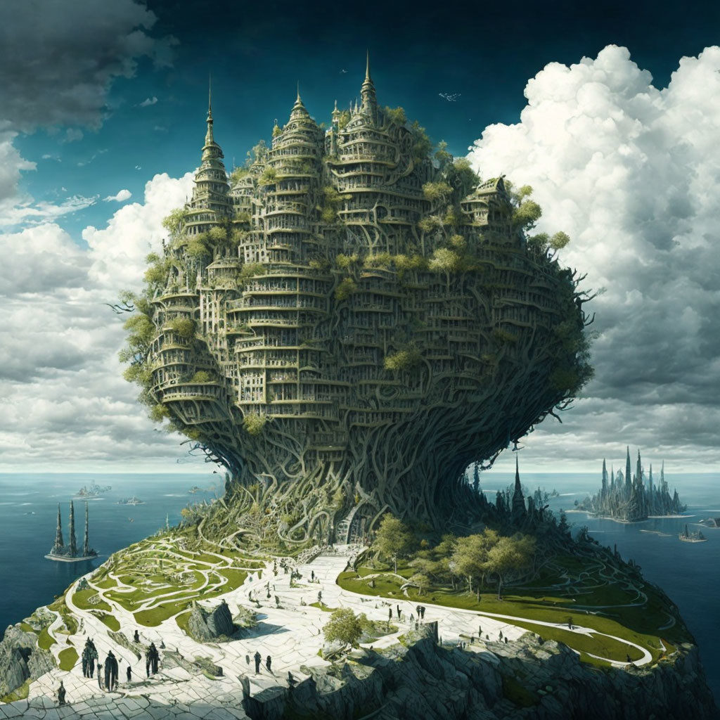 Enormous tree with fantasy city buildings on cliff by the sea