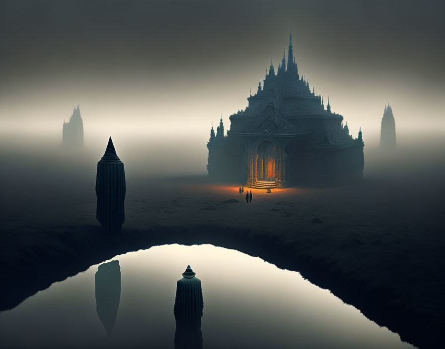 Person standing before lit temple in foggy scene with silhouetted structures.