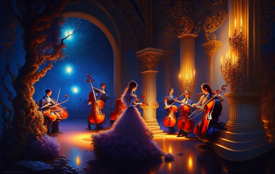 Classical musicians performing under starry night sky