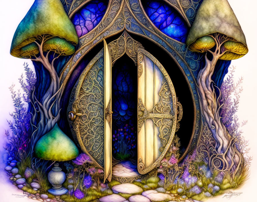 Illustration: Mushroom-shaped fairy tale house with ornate door and colorful vegetation.