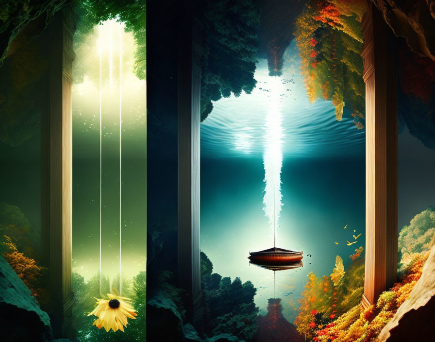 Split-Scene Digital Artwork: Sunlit Land and Aquatic Reflection