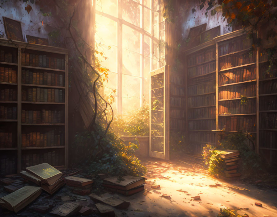 Abandoned library with overgrown ivy and scattered books