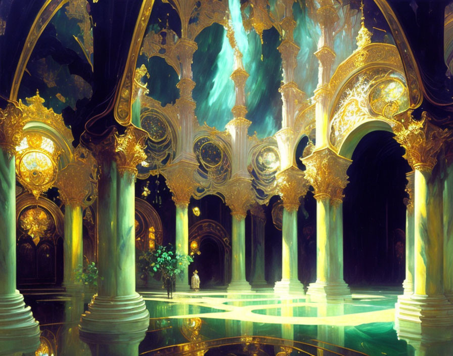 Ornate Golden Columns and Arches in Mysterious Green Illumination