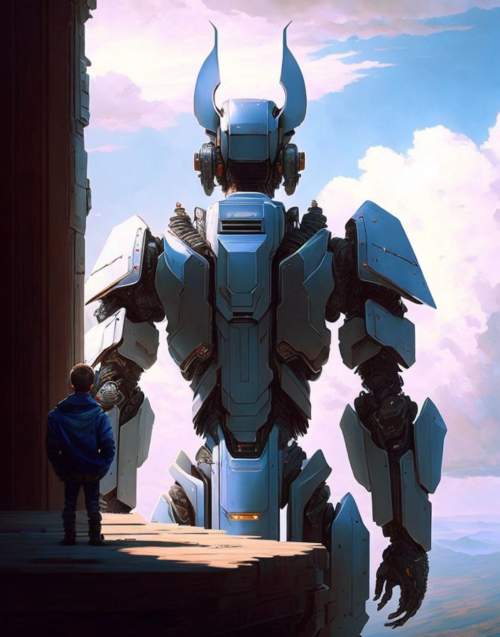 Boy beside giant blue and white futuristic robot on wooden platform