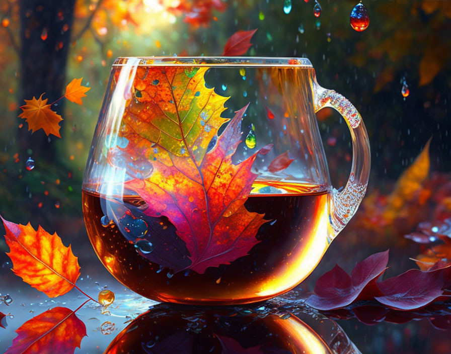 Glass mug with warm beverage and autumn leaves in water droplets.