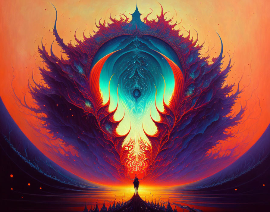 Colorful digital artwork: Silhouetted figure with fiery phoenix in vibrant, symmetrical landscape