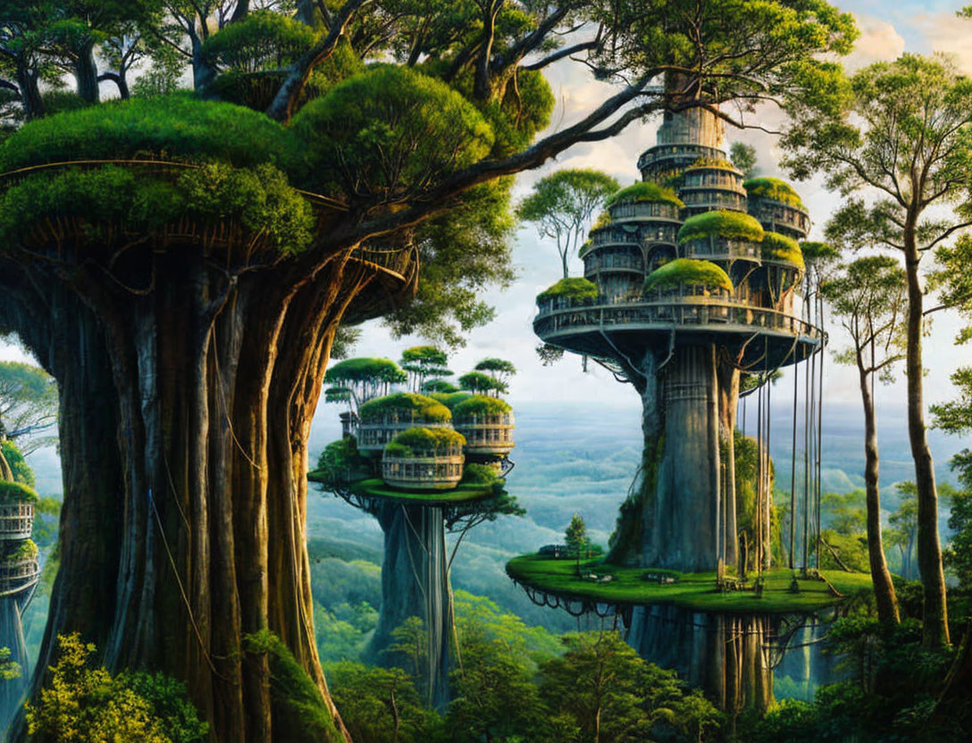 Unique futuristic treehouses in lush forest with multiple levels