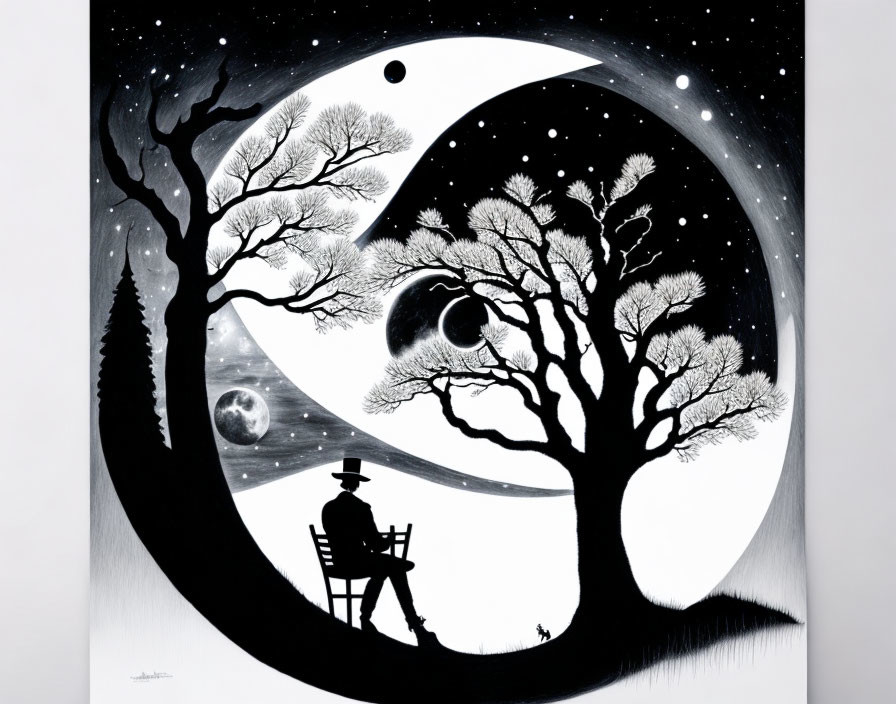 Monochrome illustration of person under tree with yin-yang symbol in starry sky