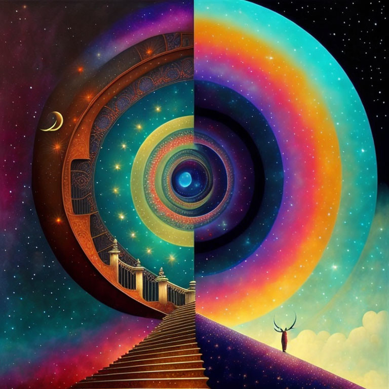 Surreal illustration of staircase to cosmic swirl and figure with rainbow galaxy