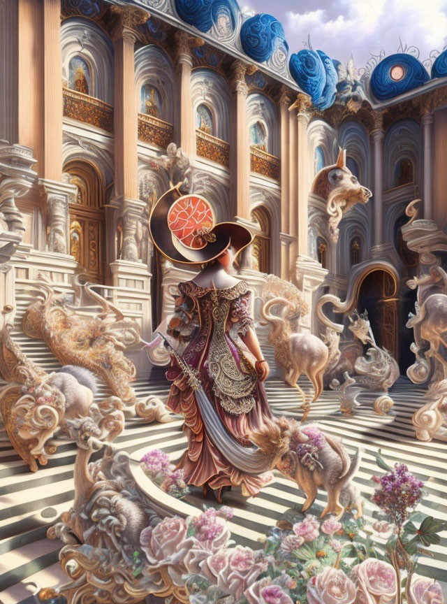 Fantasy scene with cloaked figure, orange slice staff, whimsical creatures, and intricate architecture in