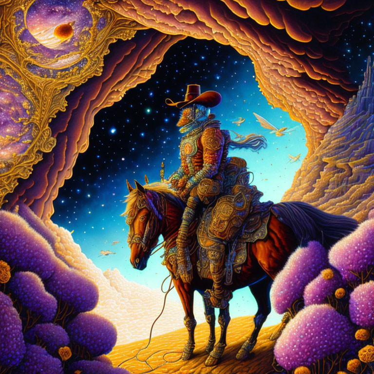 Cowboy on horseback under starry sky with surreal purple flora.