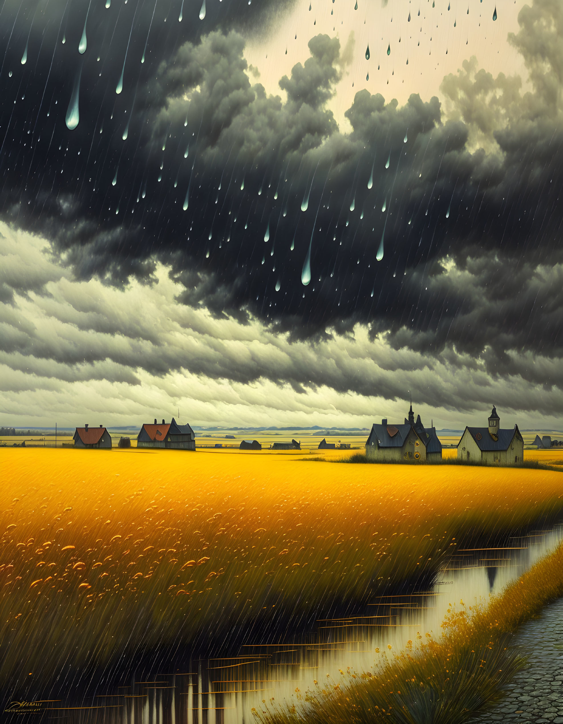 Stylized landscape: Golden fields, dark sky, oversized raindrops