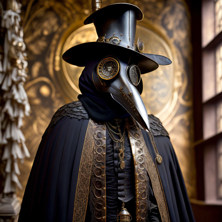 Steampunk-inspired plague doctor costume with beaked mask & top hat