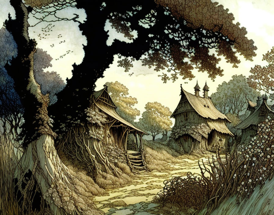 Illustration of Thatched-Roof Cottages in Forested Village