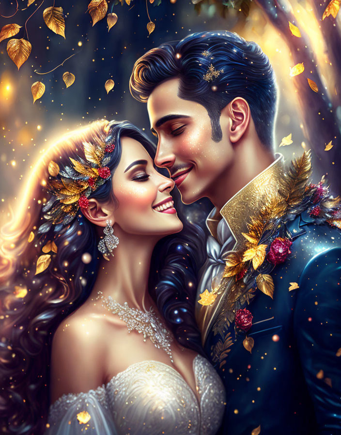 Illustrated Couple in Formal Attire with Sparkles and Golden Leaves