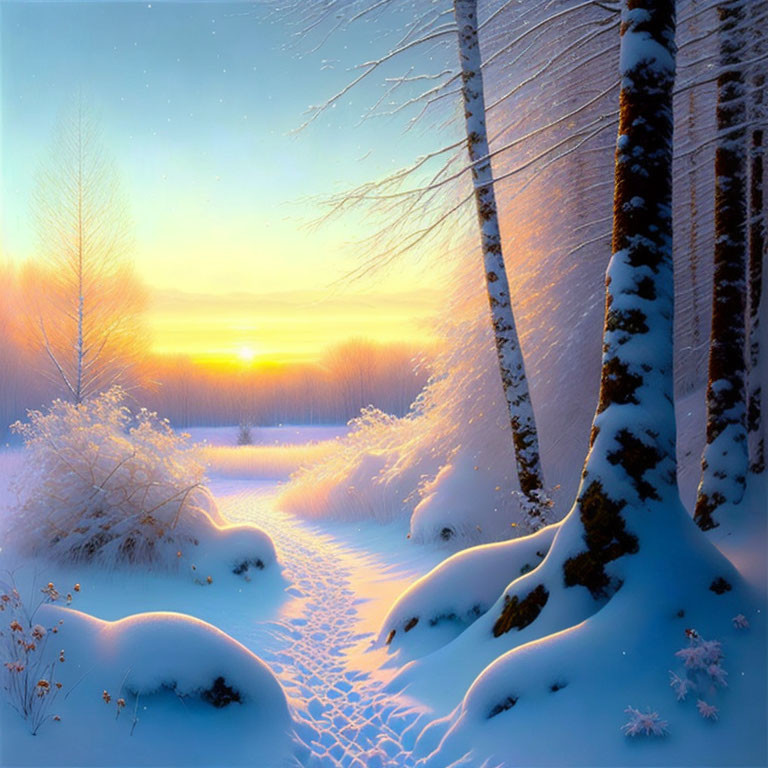 Snow-covered trees, path with footprints, sunrise or sunset glow