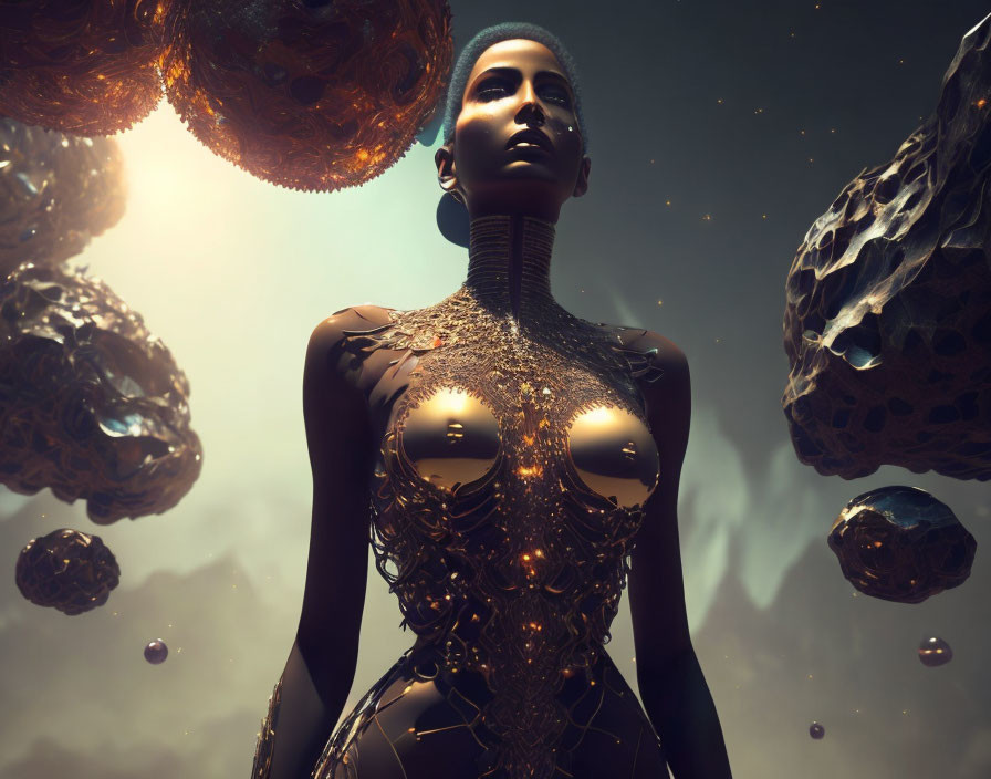 Stylized metallic woman in futuristic setting with floating spheres