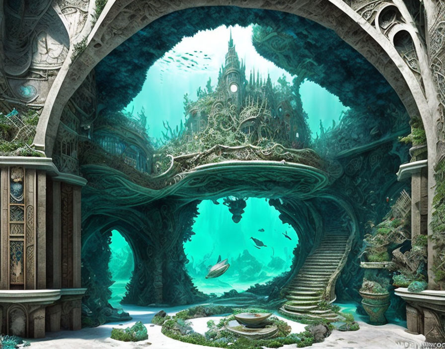 Underwater fantasy scene with intricate architecture and aquatic flora.