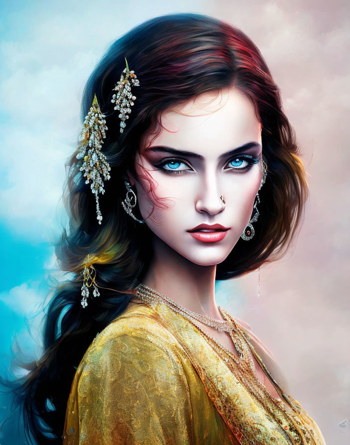 Illustration of woman with blue eyes and luxurious jewelry on sky-blue backdrop