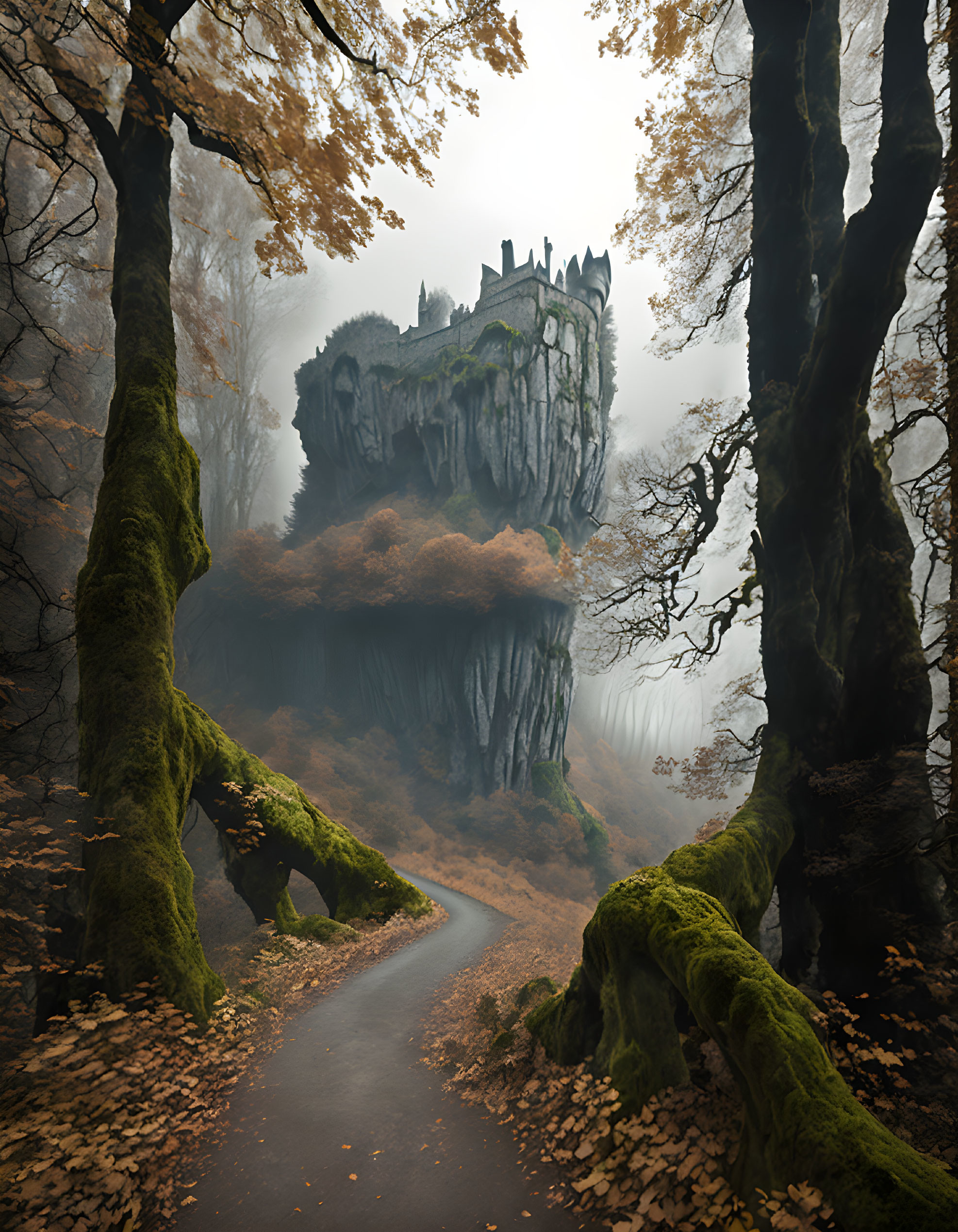 Foggy forest road to ancient cliff-top castle